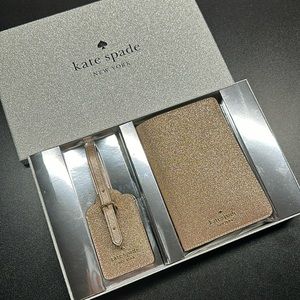 Kate Spade rose gold glitter passport holder and luggage tag